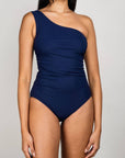 Karla Colletto Basics One Shoulder with Shelf Bra & Rouching in Navy