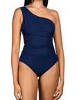 Karla Colletto Basics One Shoulder with Shelf Bra & Rouching in Navy