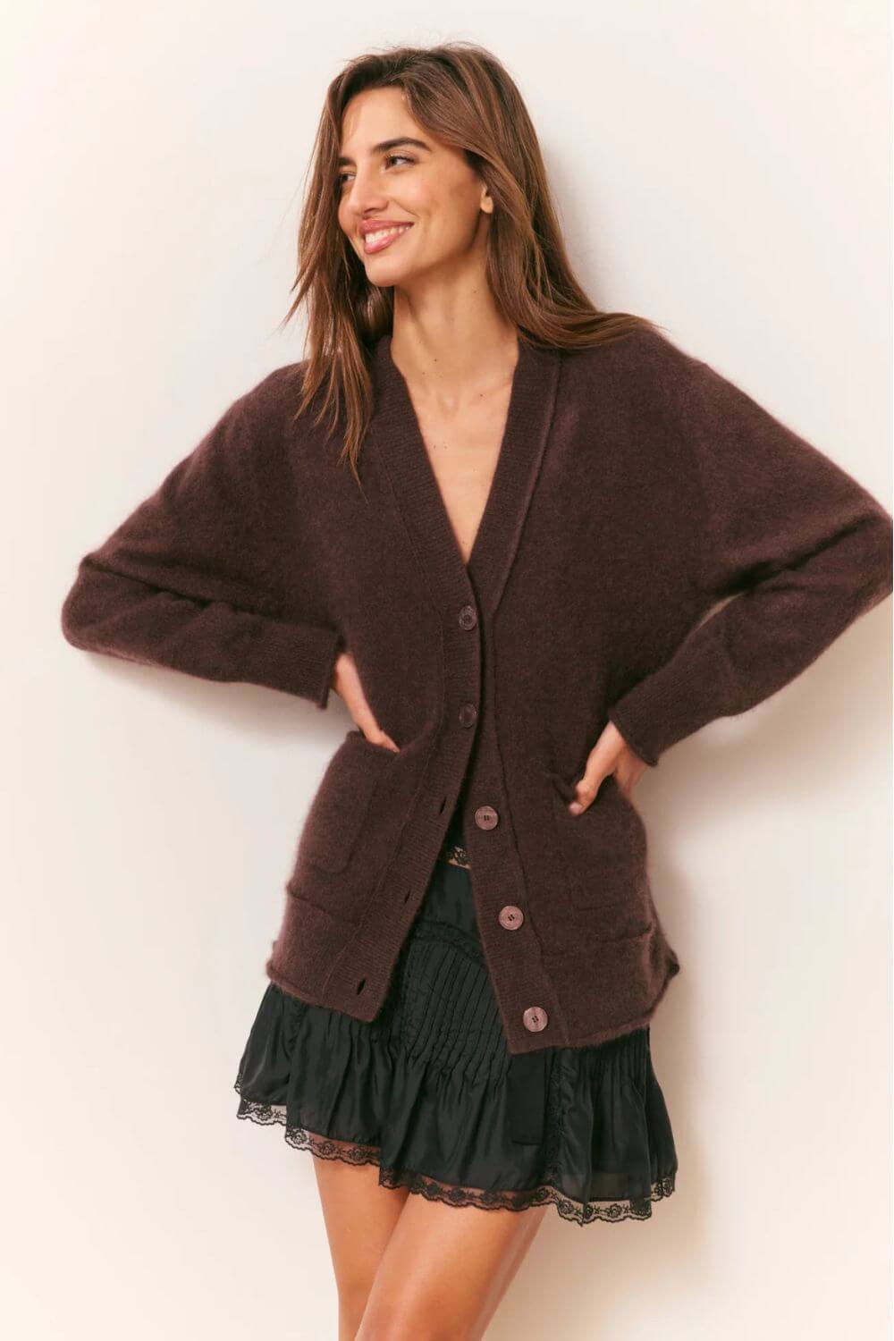 LoveShackFancy Applene Cardigan in Chocolate Brown