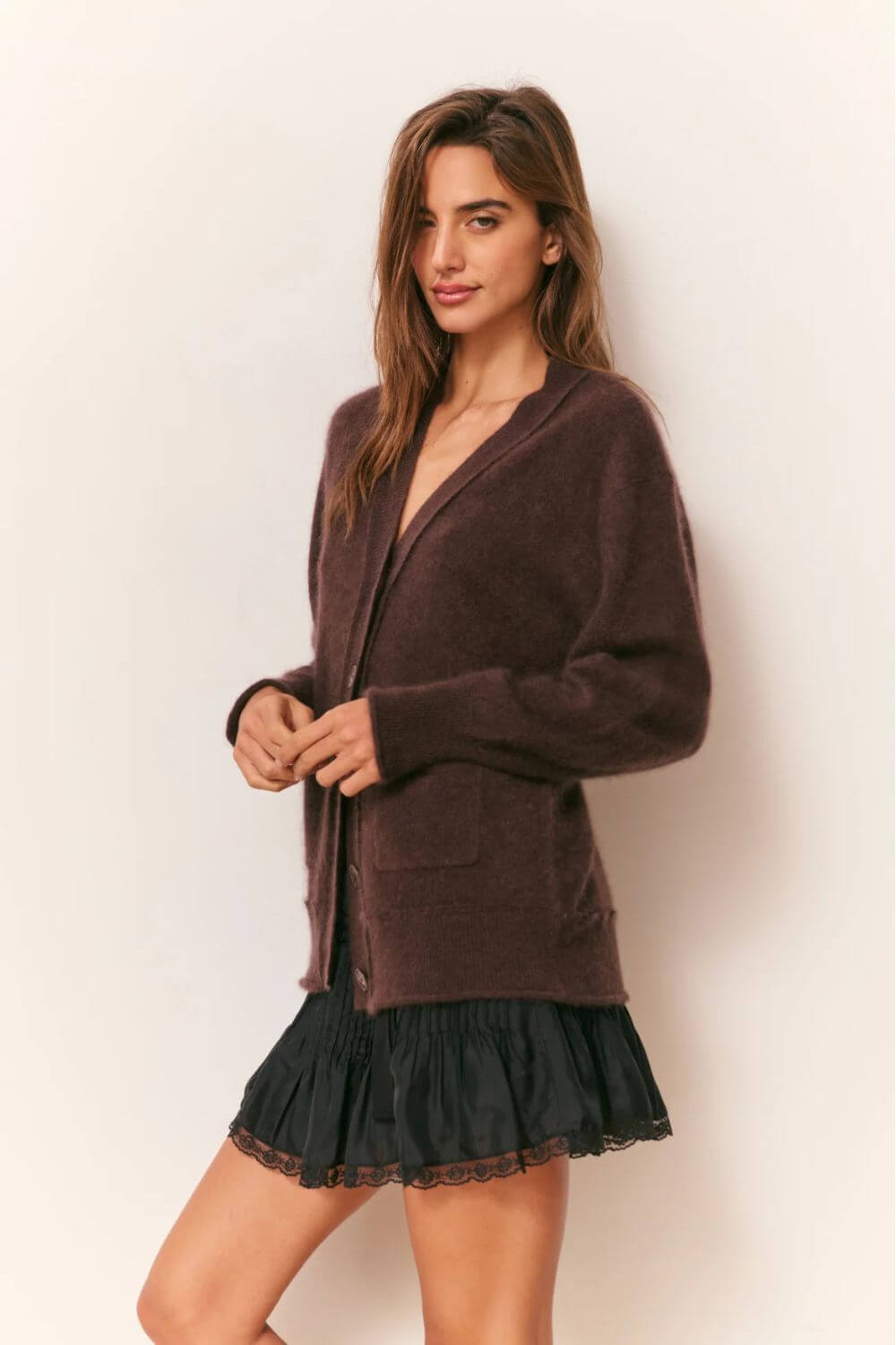 LoveShackFancy Applene Cardigan in Chocolate Brown