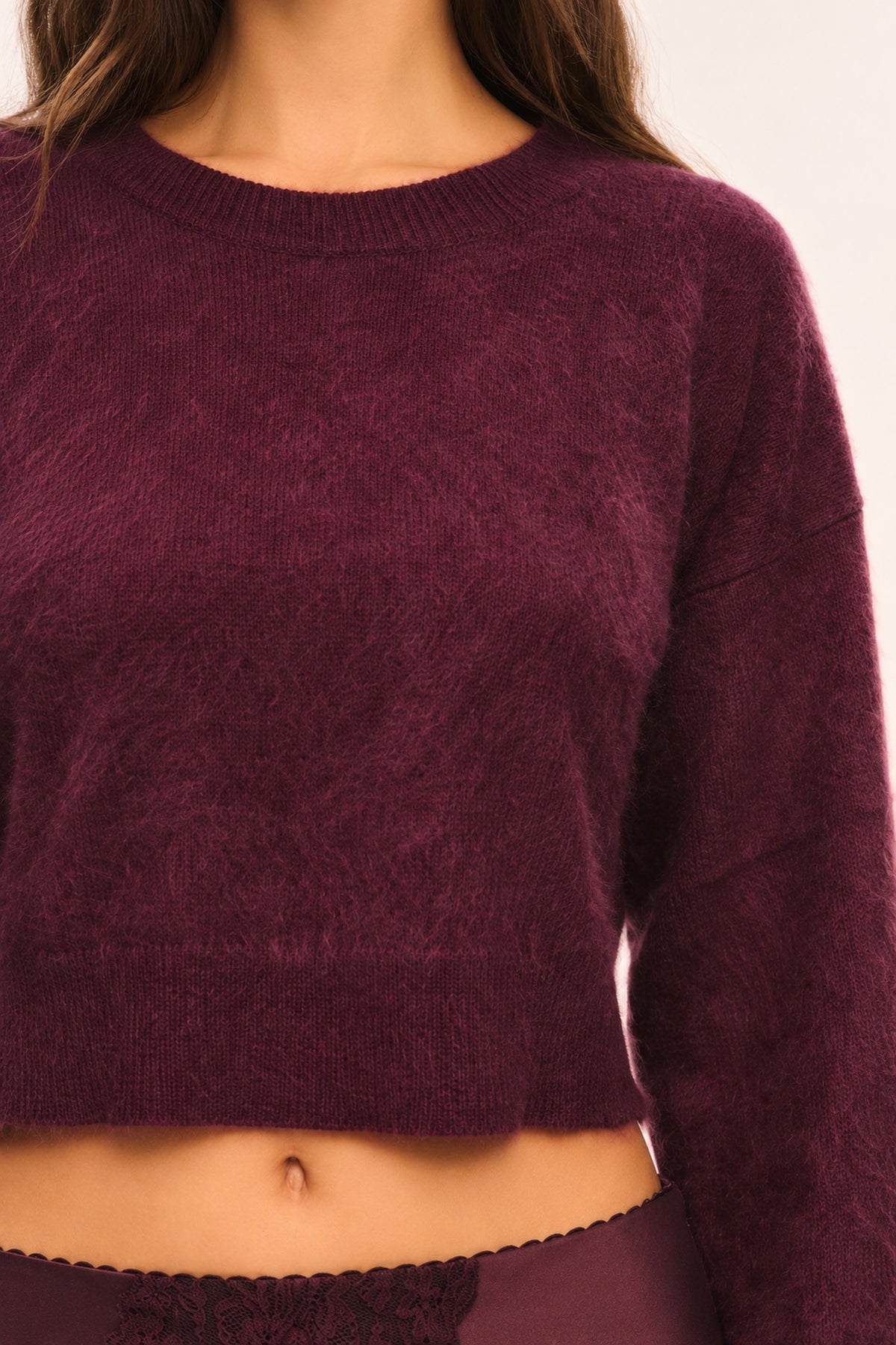 LoveShackFancy Bellaman Pullover in merlot, close-up of knit texture and garment details