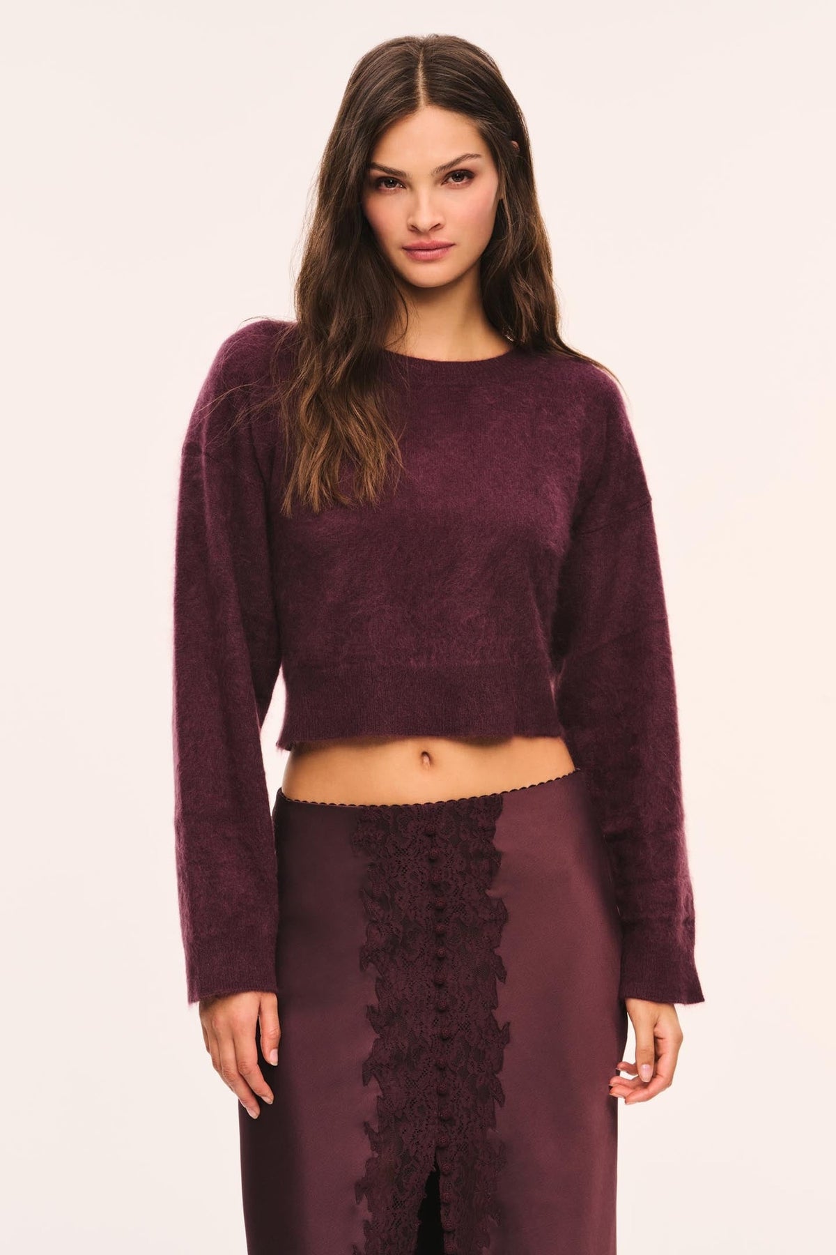 LoveShackFancy Bellaman Pullover in merlot, front studio view on model