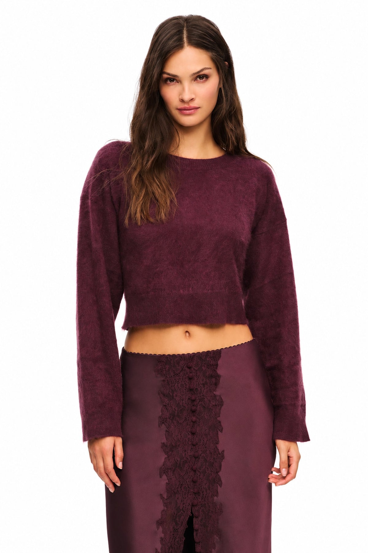 LoveShackFancy Bellaman Pullover in merlot, front view on model against white background