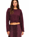 LoveShackFancy Bellaman Pullover in merlot, front view on model against white background
