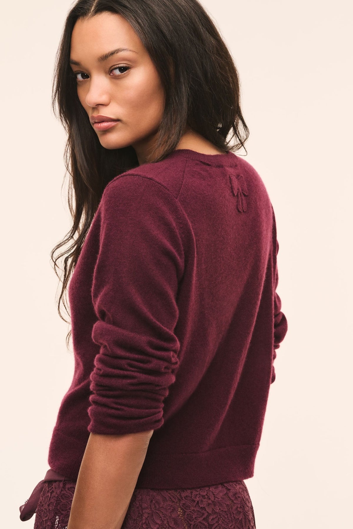 LoveShackFancy Cameryn Cardigan in roasted pomegranate, back view on model