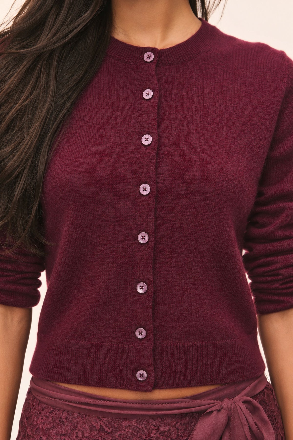 LoveShackFancy Cameryn Cardigan in roasted pomegranate, close-up of knit texture and garment details