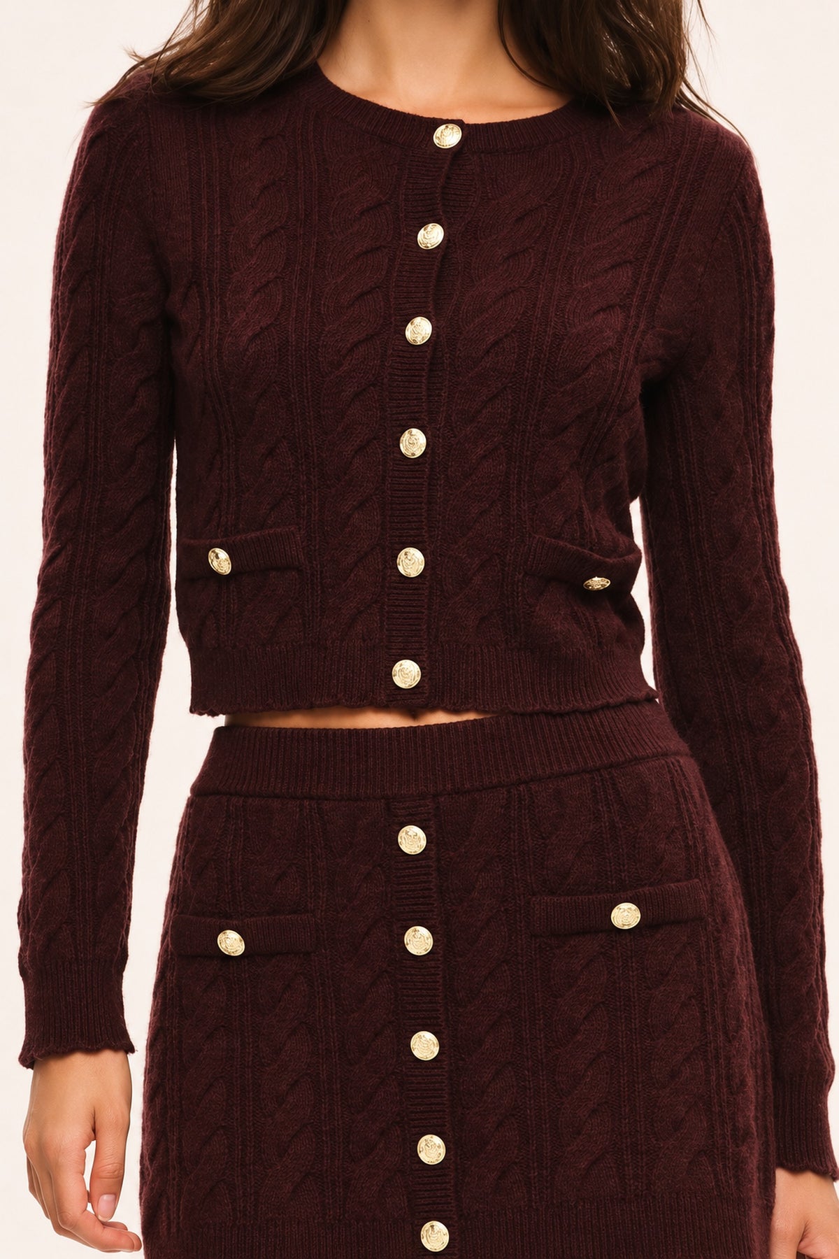 LoveShackFancy Eugenie Cardigan in cinnabar, close-up of knit texture and garment details