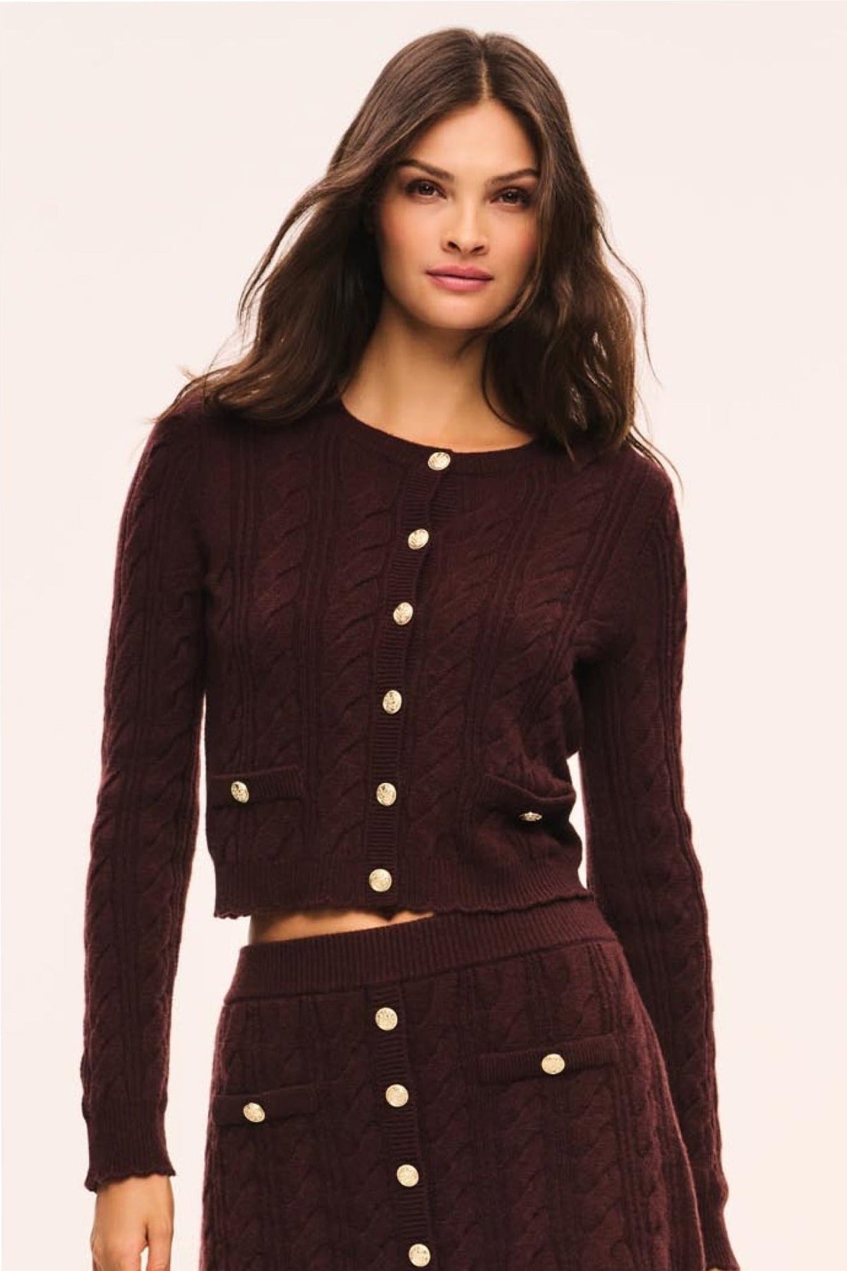 LoveShackFancy Eugenie Cardigan in cinnabar, front studio view on model