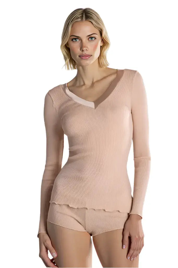 Oscalito Satin Wool and Silk V-Neck Long Sleeve Top