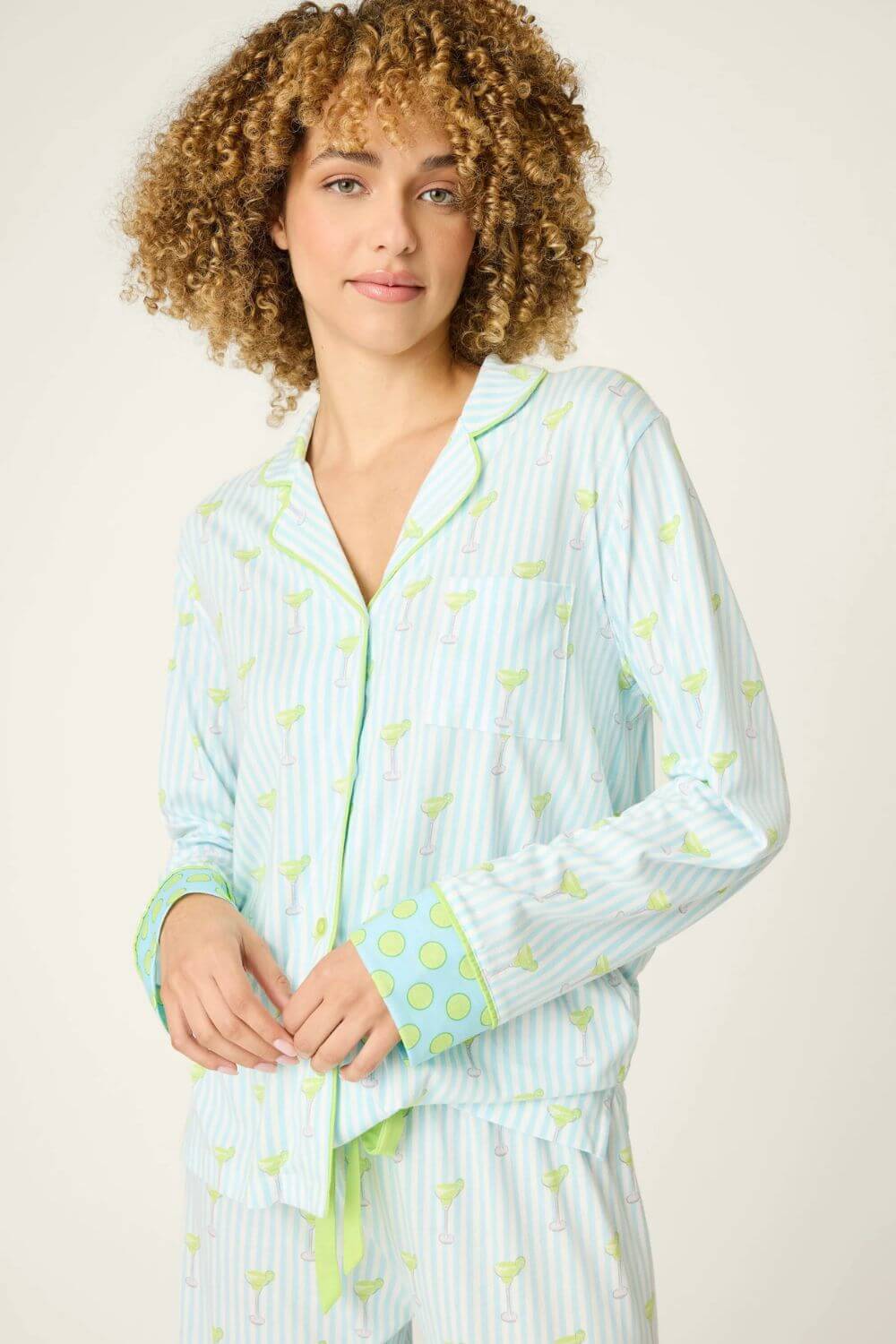 PJ Salvage Striped Cocktails Long PJ Set in Light Blue