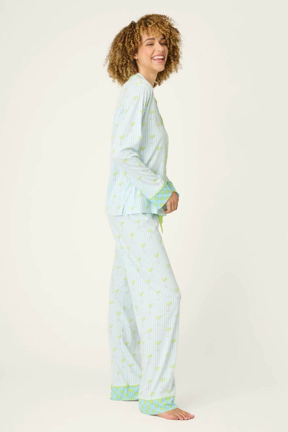 PJ Salvage Striped Cocktails Long PJ Set in Light Blue