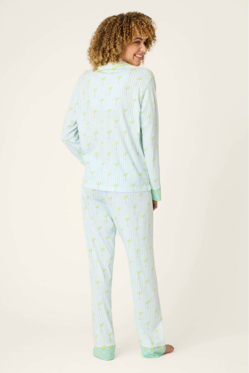 PJ Salvage Striped Cocktails Long PJ Set in Light Blue