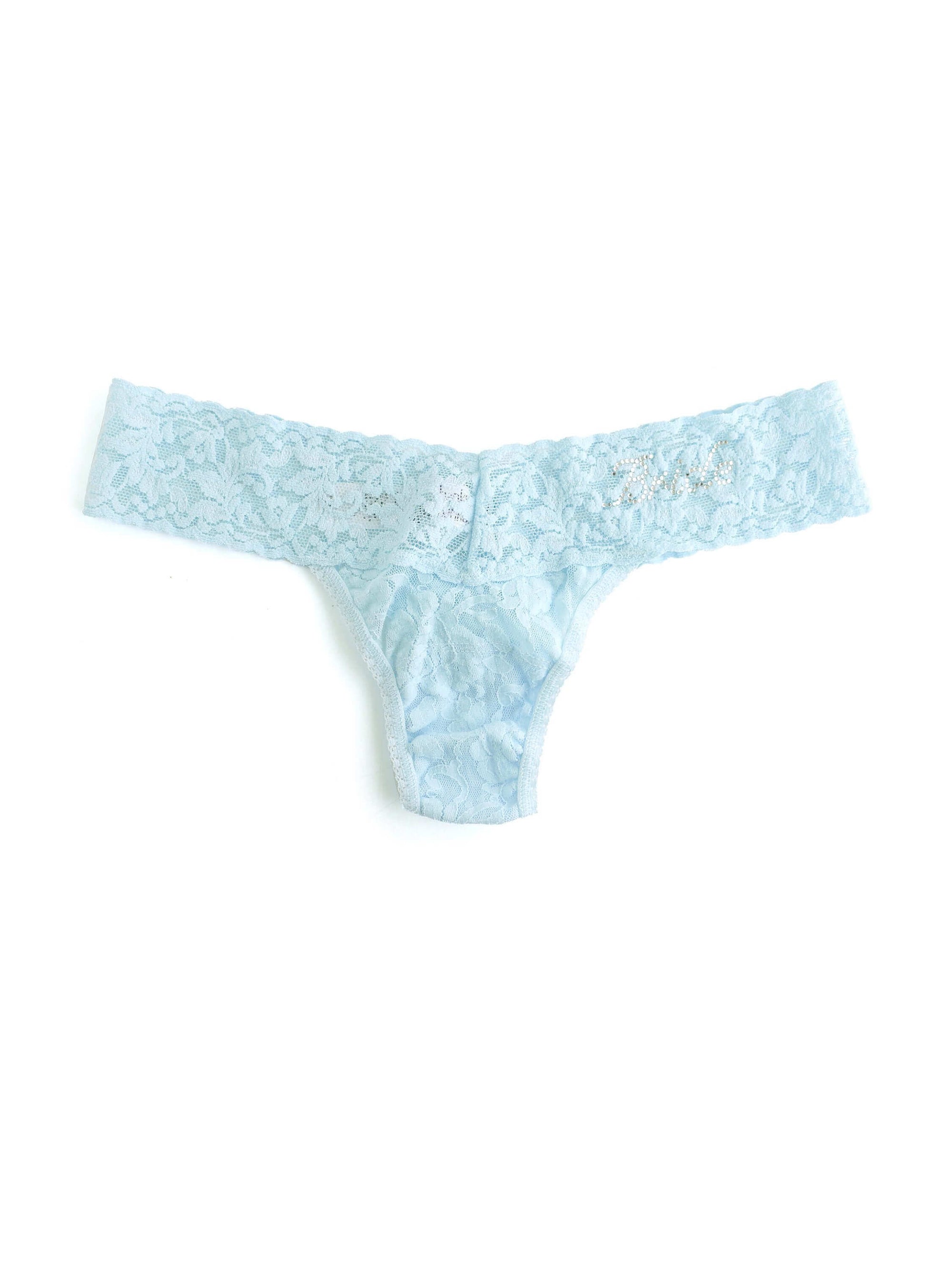 Hanky Panky &quot;Bride&quot; Low Rise Thong Color: Celeste with Clear Crystals  at Petticoat Lane  Greenwich, CT