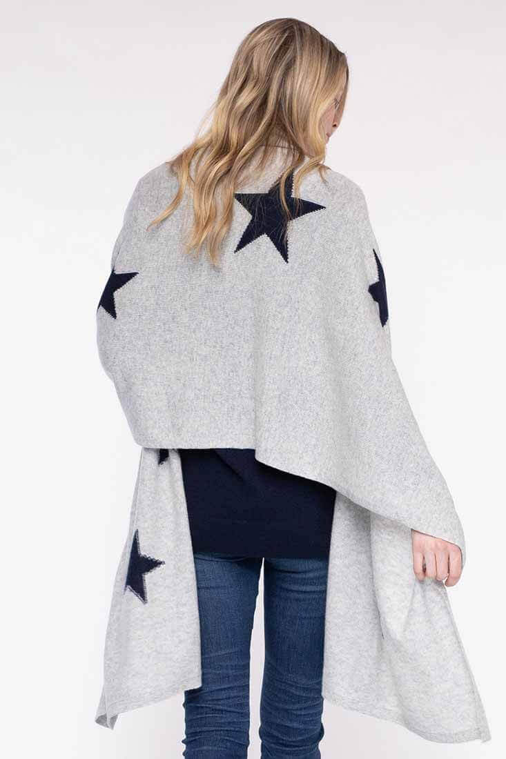 Alashan Cashmere Cashmere Star Intarsia Wrap Color: Ash with Indigo Stars  at Petticoat Lane  Greenwich, CT