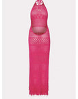 Fringe Halter Tie Back Dress in Shocking Pink