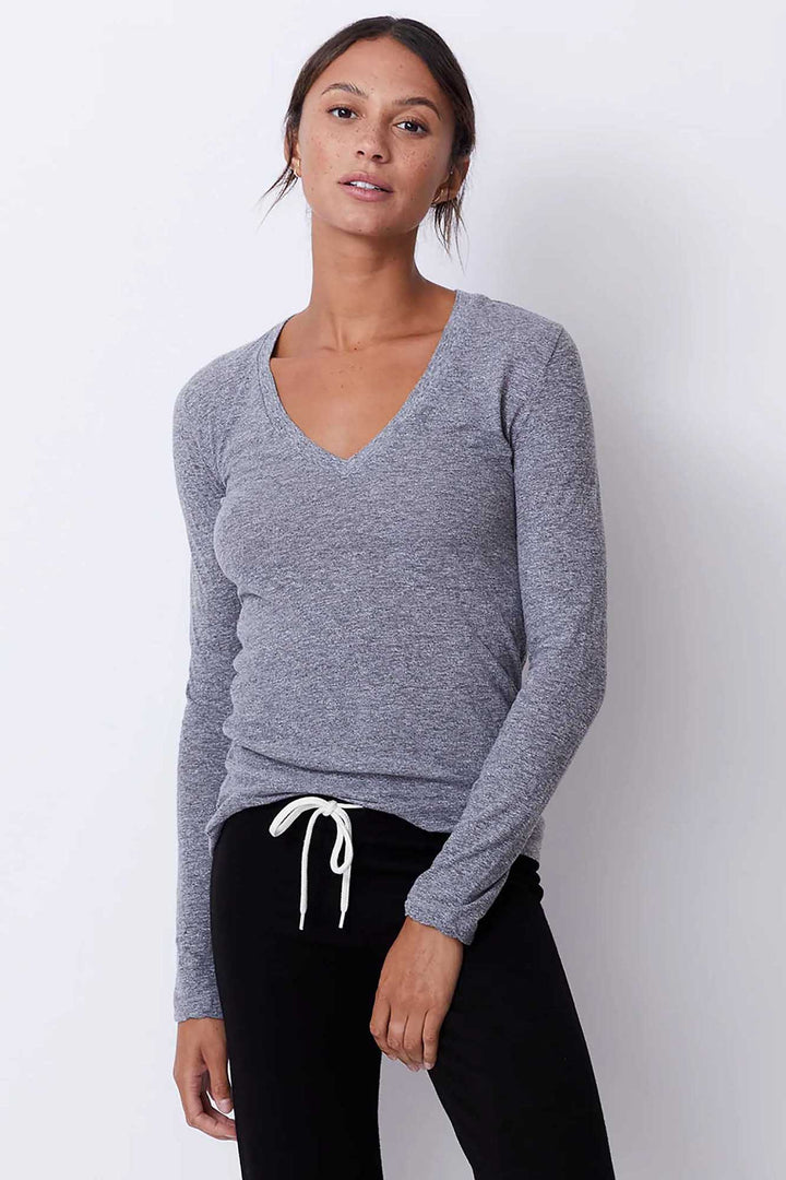Textured Fitted Long Sleeve V Neck T