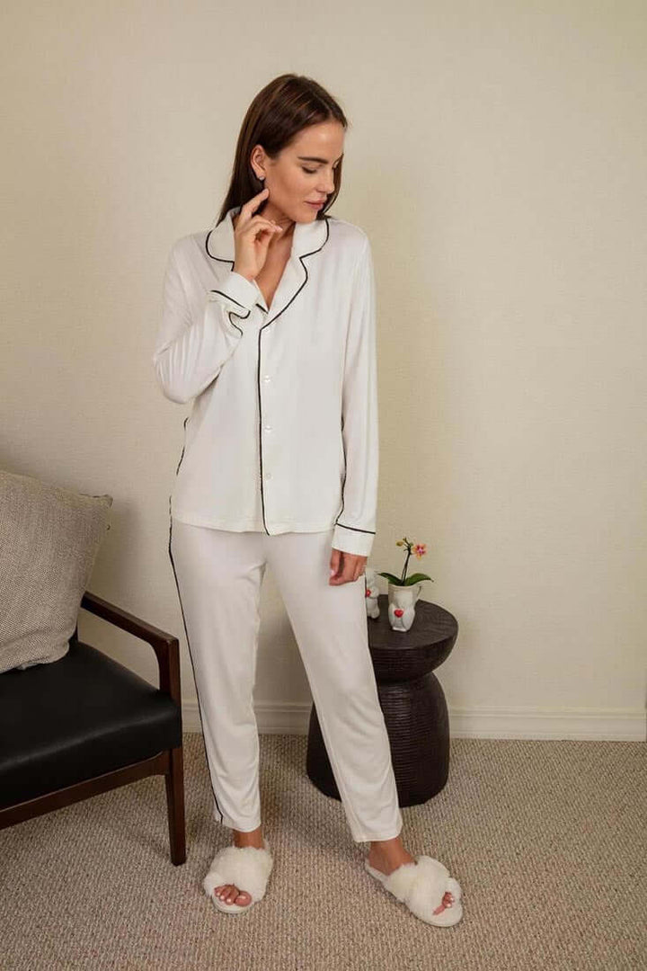 Aspen Dream Bamboo Slim Long PJ in Ivory Color: Ivory Size: XS at Petticoat Lane  Greenwich, CT