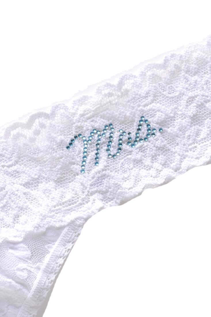 Hanky Panky "Mrs" Low Rise Thong Color: White with Blue Crystals  at Petticoat Lane  Greenwich, CT