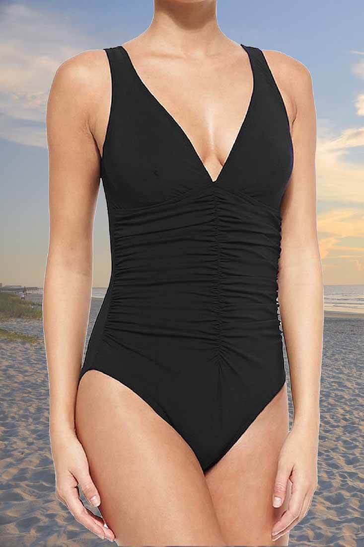 Karla Colletto Smart V-Neck One Piece Color: Black, Navy, Ocean, Cherry, Dahlia, Charcoal Size: 6, 8, 10, 12, 14, 16 at Petticoat Lane  Greenwich, CT
