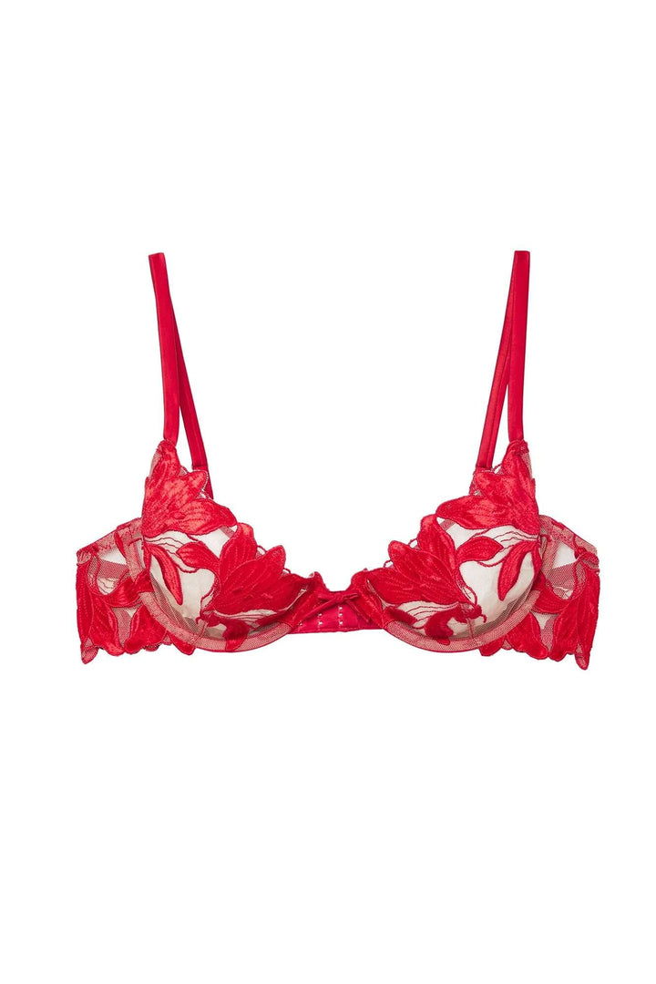 Velvet Lily Embroidery Bra in Red
