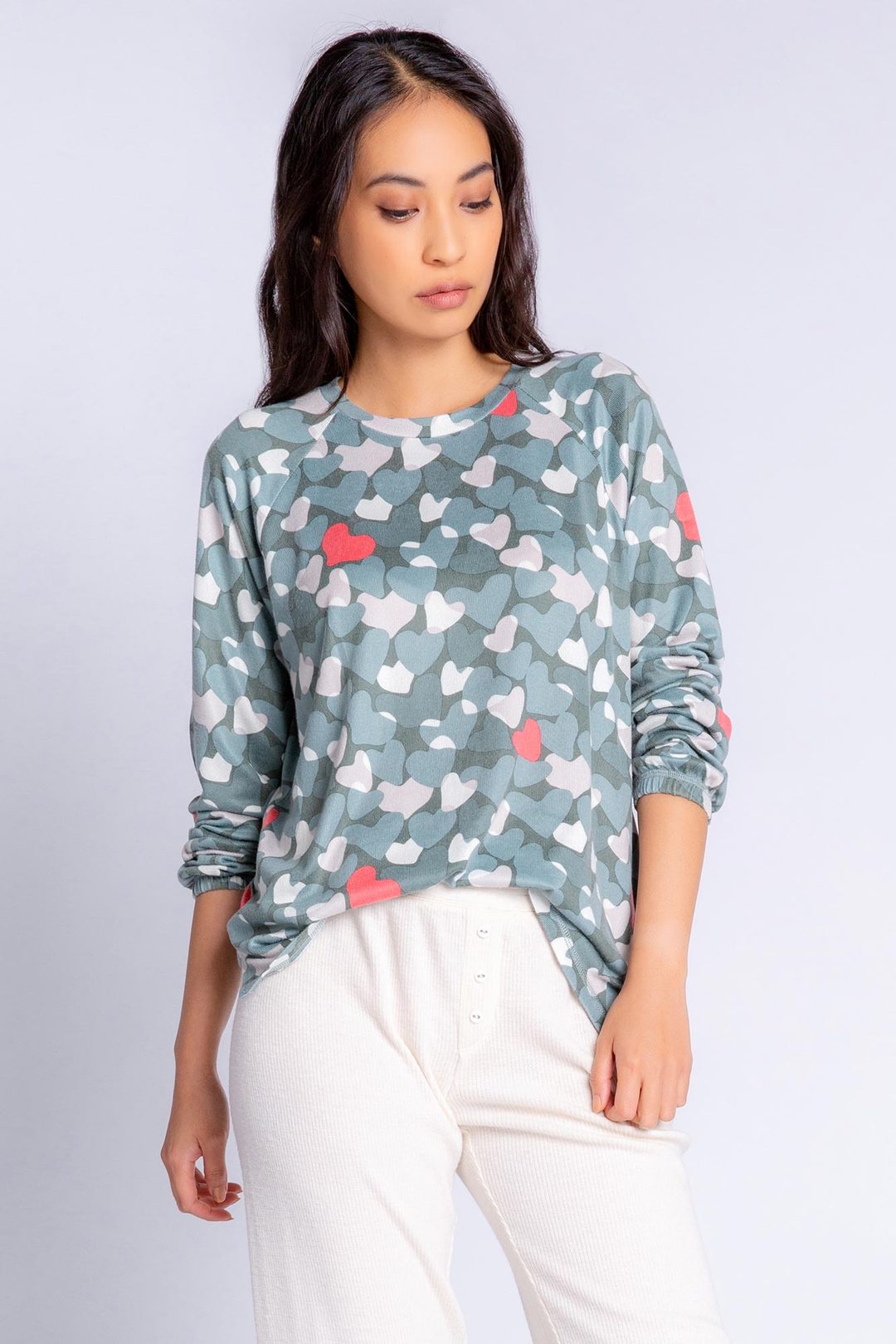 PJ Salvage Love In Camo Long Sleeve Top Color: Sage Size: XS, S, M, L at Petticoat Lane  Greenwich, CT